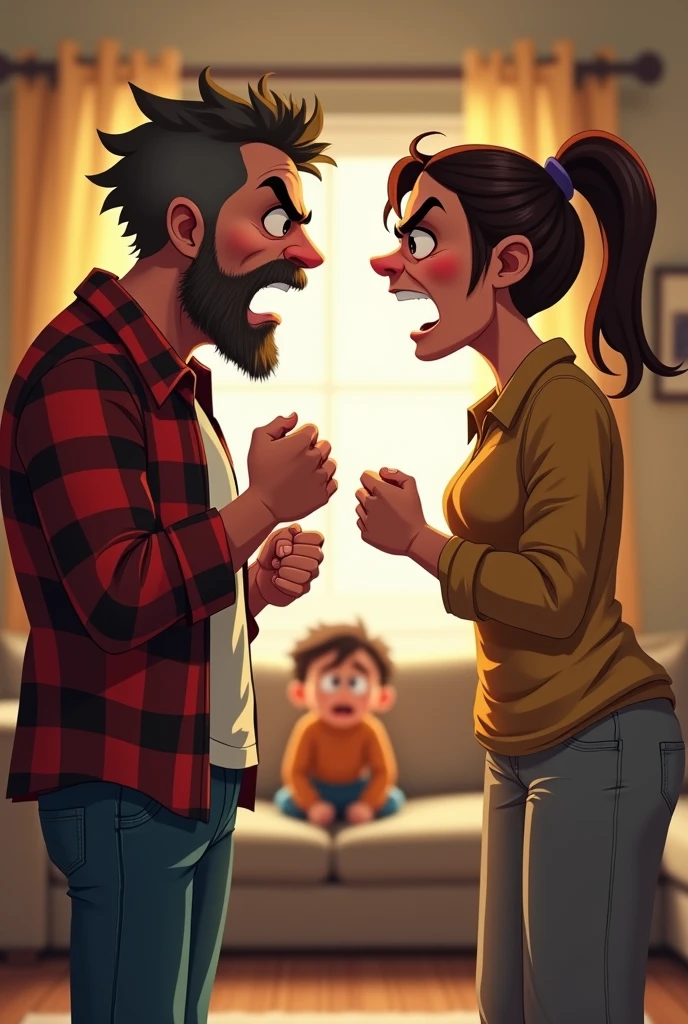 "(angry, tense, disheveled, middle-aged couple Lv 9), stern expressions, clenched fists, furrowed brows, lines of frustration etched on their faces, father with a short, unkempt beard, mother with messy hair tied back, both wearing casual clothes; father in a wrinkled flannel shirt and jeans, mother in a stained blouse and sweatpants, standing in a cluttered living room, facing each other aggressively, yelling, veins bulging, eyes filled with resentment, child in the background hiding behind a sofa, tears in eyes, Pixar cartoon style, cinematic, dramatic, masterpiece, dynamic view, full body, landscape mode shot."