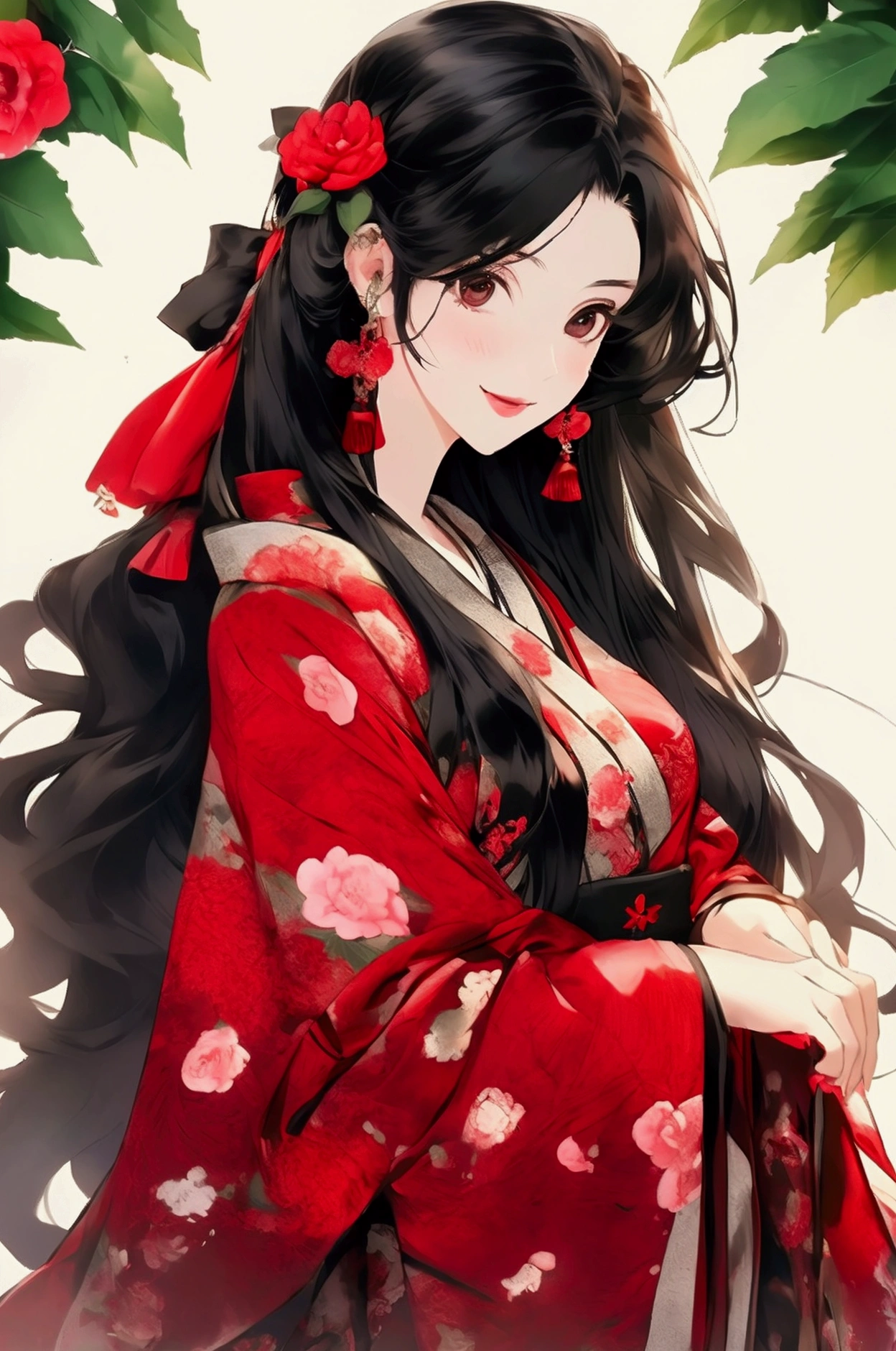 One girl, High resolution,solo, One girl, High resolution, Long Hair, smile, Personification of camellia、Black Hair、kimono、Bright red camellia、Dim