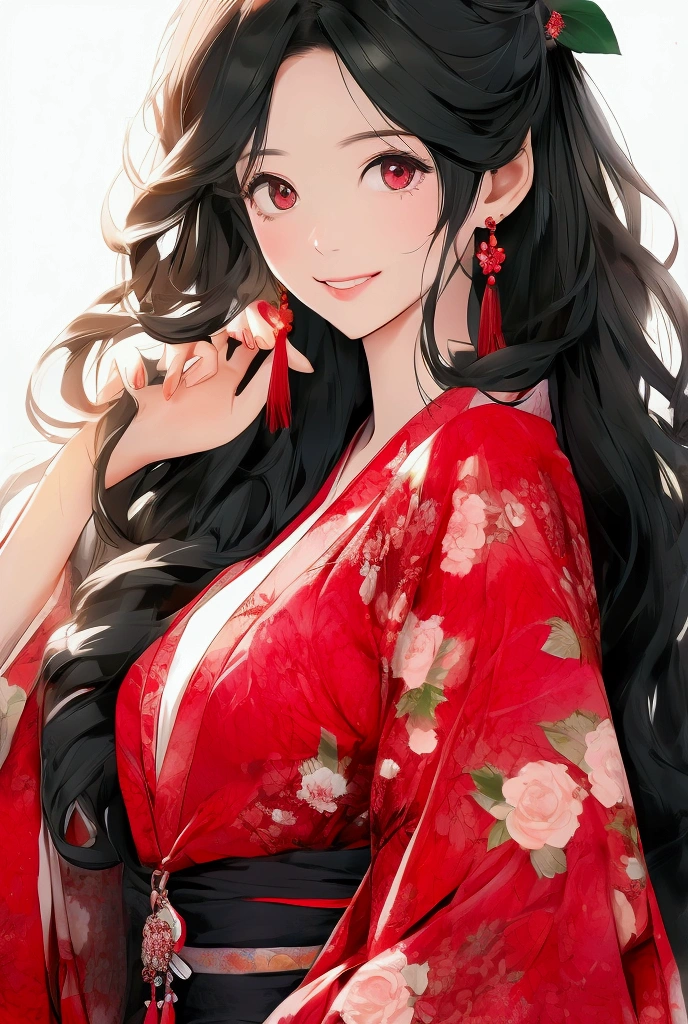 One girl, High resolution,solo, One girl, High resolution, Long Hair, smile, Personification of camellia、Black Hair、kimono、Bright red camellia、Dim