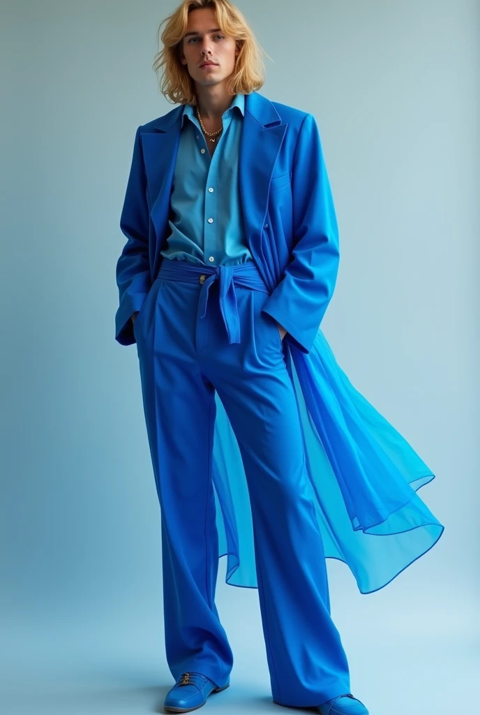 Create a design of a blue Egyptian men's fashion look: Suit with tie at the waist, transparent blue club shirt inside following the Y2K fashion, straight cut pants. Everything is blue and the doll's hair is blond