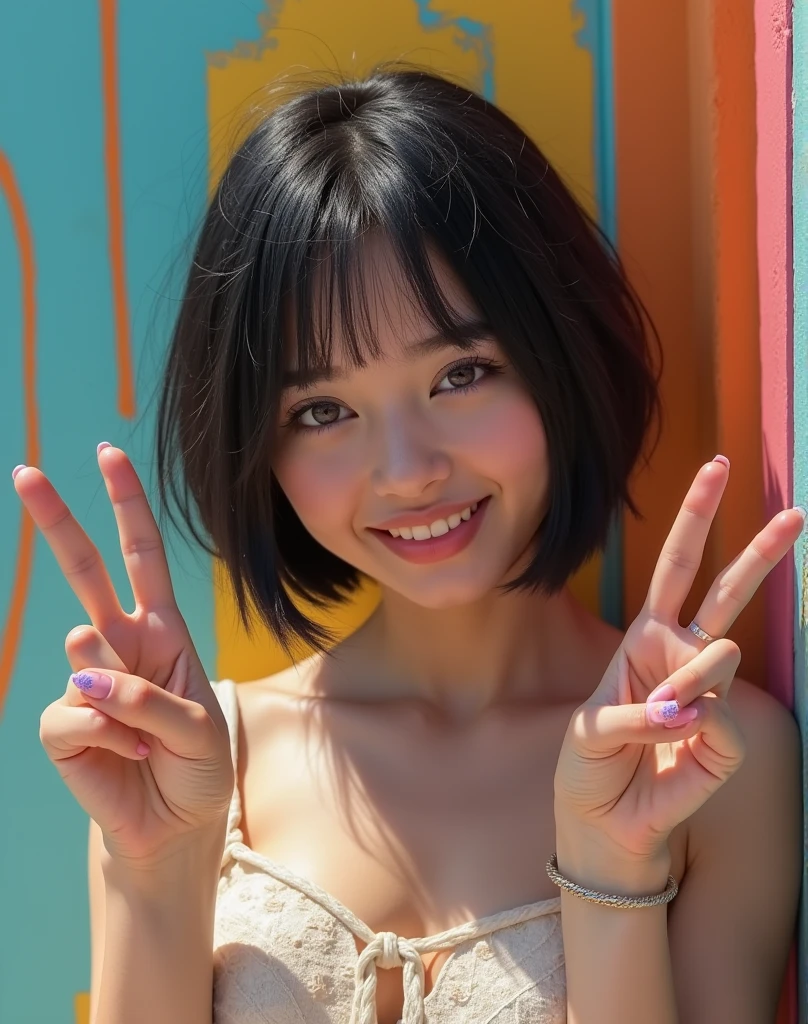RAW photo, best quality, masterpiece, ((photorealistic)), Polish girl, 20 years old, black hair, Light grey eyes, short bob cut, hair in 7 thirds, hair over one ear, Symmetrical eyes, Detailed Skin, Detailed face, Detailed hands, Big Breasts, rip gloss, Photographed in front of a colorful, stylish exterior wall, smiling, peace sign with both hands, upper body, sunny, outdoors, detailed background,