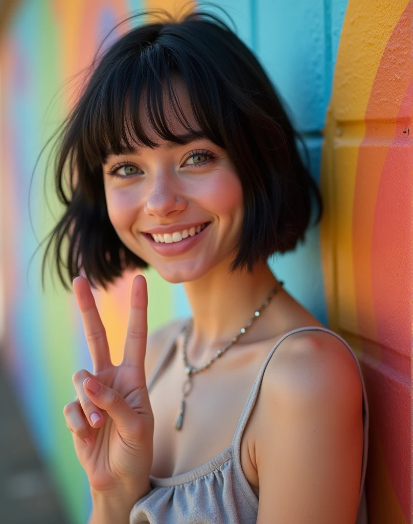 RAW photo, best quality, masterpiece, ((photorealistic)), Polish girl, 20 years old, black hair, Light grey eyes, short bob cut, hair in 7 thirds, hair over one ear, Symmetrical eyes, Detailed Skin, Detailed face, Detailed hands, Big Breasts, rip gloss, Photographed in front of a colorful, stylish exterior wall, smiling, peace sign with both hands, upper body, sunny, outdoors, detailed background,