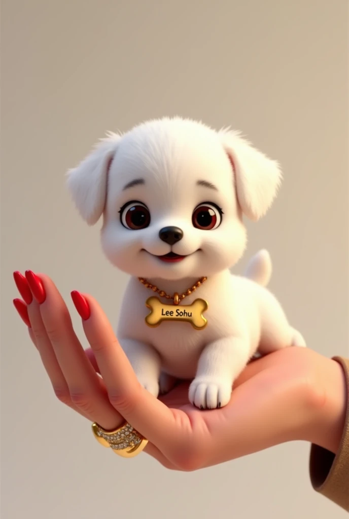 Create an image in the form of an animation, of a white puppy dog, with a bone necklace with Lee Sohu's name on it, the little dog lying on one hand with red painted nails and a gold ring on the index finger and one on the ring finger
