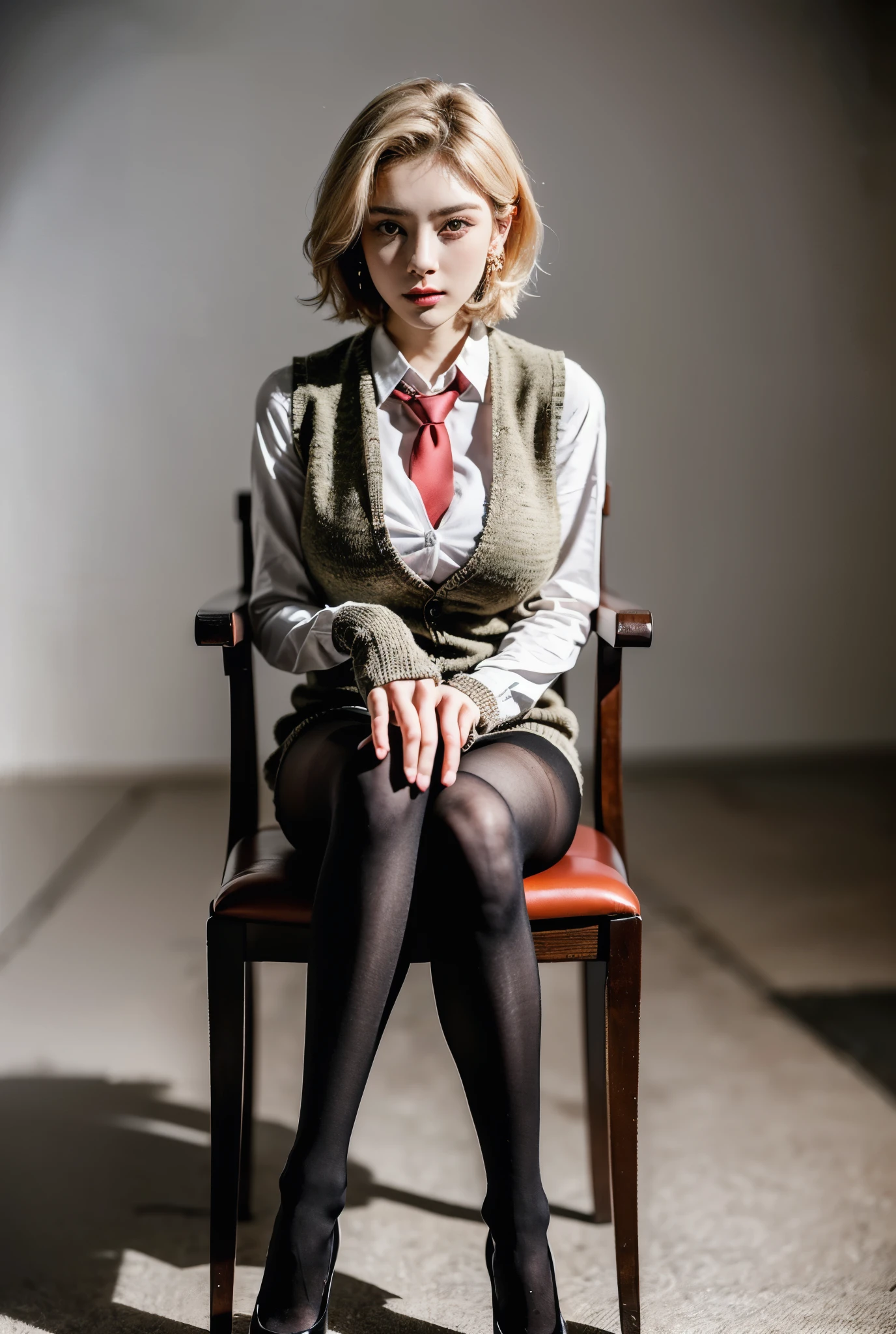 (RAW shooting, Photoreal:1.5, 8k, highest quality, masterpiece, ultra high resolution), perfect dynamic composition:1.2, Highly detailed skin and facial textures:1.2,(beautiful and aesthetic:1.2,Fair skin:1.2, full body:1.2,sitting:1.2,chair:1.2,legs together:1.2), (large breast:1.4), (perfect limbs:1.2), (perfect fingers:1.2),(caucasian,1girl,earrings,makeup, tall,standing,short blonde hair,(dark brown vest:1.2,white shirt:1.2,long sleeves,long necktie,fingerless gloves),(bottomless:1.2, pantyhose:1.2),(perfect thigh:1.2)),(simple background:1),