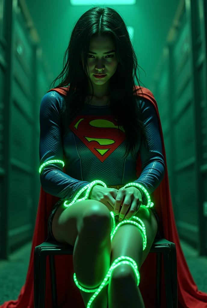 A PERIL BONDAGE SCENE WHERE A HOT SUPERGIRL WITH LONG BLACK HAIR WEARING HER ICONIC SUPERGIRL OUTFIT AND CAPE, HER HANDS, FEET AND WASTE TIED UP WITH LOTS OF GLOWING GREEN KRYPTONITE ROPE WHILE SITTING IN A METAL CHAIR, COMPLETELY HELPLESS IN A PITCH BLACK ROOM. INCREDIBLE DETAILS, HYPER DETAILED IN 8K RESOLUTION