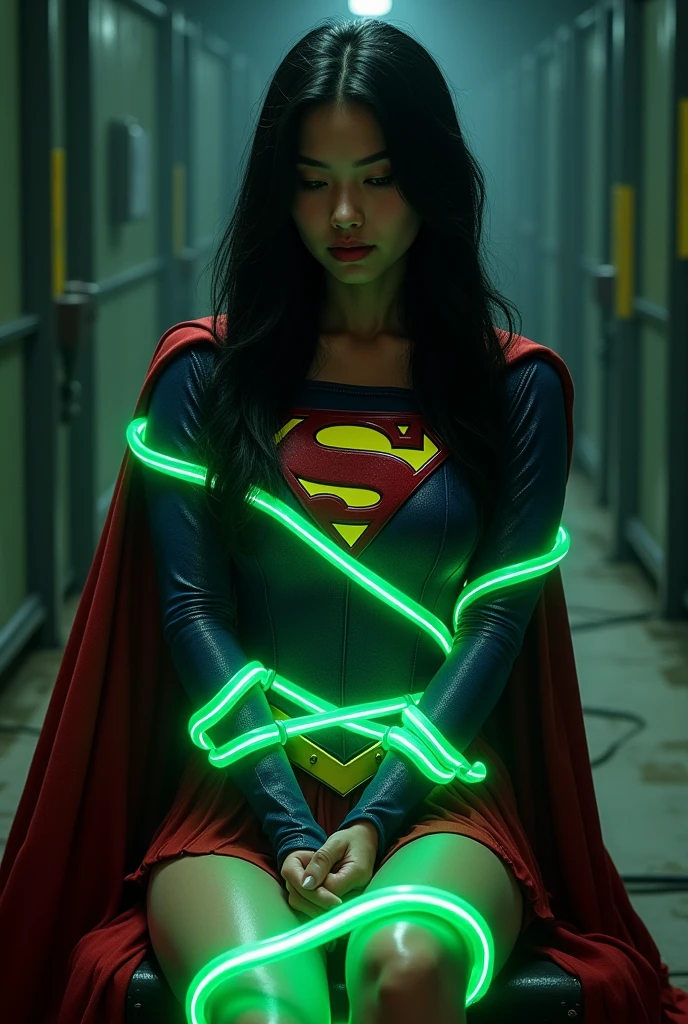 A PERIL BONDAGE SCENE WHERE A HOT SUPERGIRL WITH LONG BLACK HAIR WEARING HER ICONIC SUPERGIRL OUTFIT AND CAPE, HER HANDS, FEET AND WASTE TIED UP WITH LOTS OF GLOWING GREEN KRYPTONITE ROPE WHILE SITTING IN A METAL CHAIR, COMPLETELY HELPLESS IN A PITCH BLACK ROOM. INCREDIBLE DETAILS, HYPER DETAILED IN 8K RESOLUTION