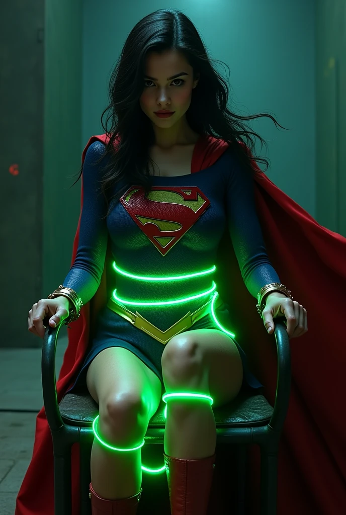 A PERIL BONDAGE SCENE WHERE A HOT SUPERGIRL WITH LONG BLACK HAIR WEARING HER ICONIC SUPERGIRL OUTFIT AND CAPE, HER HANDS, FEET AND WASTE TIED UP WITH LOTS OF GLOWING GREEN KRYPTONITE ROPE WHILE SITTING IN A METAL CHAIR, COMPLETELY HELPLESS IN A PITCH BLACK ROOM. INCREDIBLE DETAILS, HYPER DETAILED IN 8K RESOLUTION