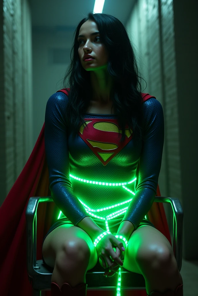 A PERIL BONDAGE SCENE WHERE A HOT SUPERGIRL WITH LONG BLACK HAIR WEARING HER ICONIC SUPERGIRL OUTFIT AND CAPE, HER HANDS, FEET AND WASTE TIED UP WITH LOTS OF GLOWING GREEN KRYPTONITE ROPE WHILE SITTING IN A METAL CHAIR, COMPLETELY HELPLESS IN A PITCH BLACK ROOM. INCREDIBLE DETAILS, HYPER DETAILED IN 8K RESOLUTION