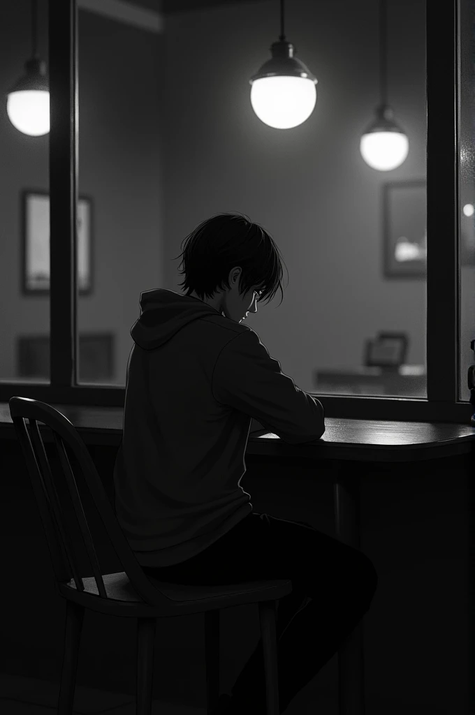 A solitary man with medium-length dark hair, dressed in a hoodie, sitting alone in a dimly lit café. The atmosphere is quiet, and the image is in black and white, resembling a classic photograph from the 1940s."