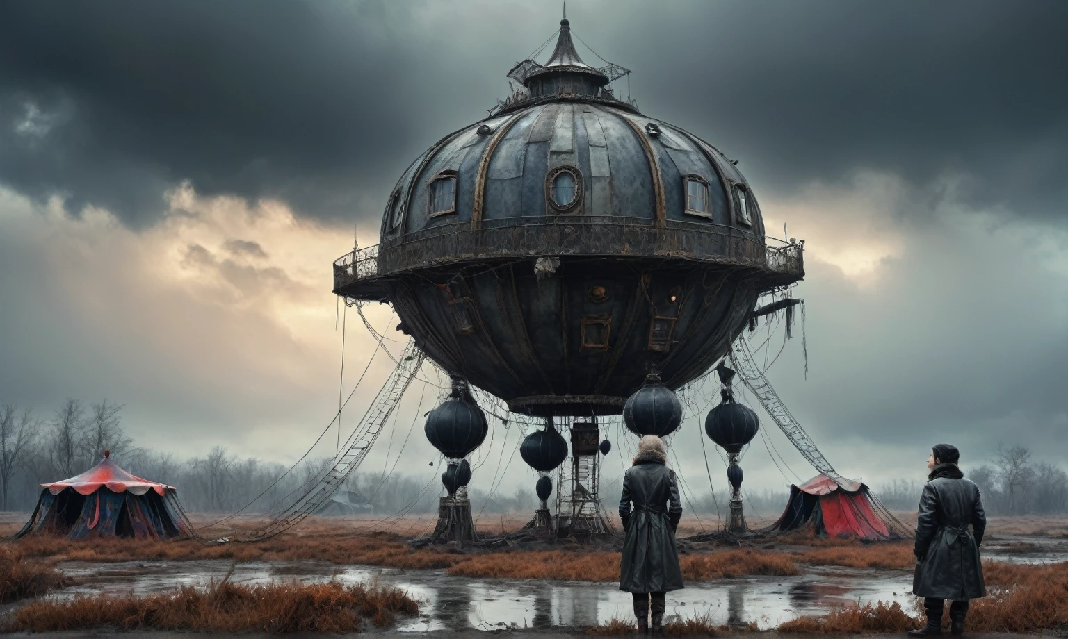 insane pilot from USSR , camouflage Rusty, after a psychiatric clinic,winter,intricate landscape,slate grey atmosphere,film grain,faded,eyes extremely detailed,another world,view from height,once pretty face,eyebrow up,full body shot,ominous landscape, Simon Stalenhag,Nicola Samori,full body shot,beggar paladium The Alien Entity,Technicolor,natural skin textures, hyper realism, hyper detailed,Extremely detailed,High contrast,Masterpiece,Realistic,Ultra Detailed, intricate details,realistic humid leather,extremly intricate,Epic Realistic, cinematic style,irina yermolova,high contrast,hdr,extremely detailed, deep night landscape,masterpiece,intricate details,faded,eyes extremely detailed, high detailed eyes,8k resolution,RAW,retina, Nikon Z9,China,tkt style, transition between two art styles, Ink painting to photorealism, Double contact, X-ray, Creative, vivid light, masterpiece, fantasy, Abstract Surrealism, super detailed, high resolution, stop:35;Her skin is pale, almost translucent,ancient rock,a hot air soars through the layers of clouds, revealing a colossal and enigmatic cityscape nestled within. The buildings in this ethereal city are adorned with intricate details and exude an aura of mystery. Above the cityscape, lend an enchanting touch to the scene. steampunk. The intricate mechanics create a sense of wonder and fascination, as if stepping into a dreamlike realism,Marta Bevacqua, ais-sinisterz, a derelict circus in the middle of a swamp, remnants of colorful tents, a silent carousel with spectral ominous horses, all under a sky heavy with storm clouds