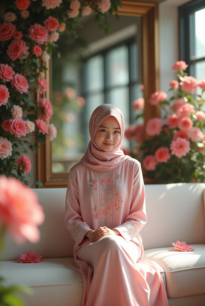 a beautiful Indonesian woman, 30 years old, wearing a kimono-like gamis dress with a soft yellow floral motif. patterned hijab. Standing on camera with smyling thinly. A both of hands infront of the body
with a romantic night background of a room full of flowers and candle light . A mirror dan windows.  realistic 5D 8K