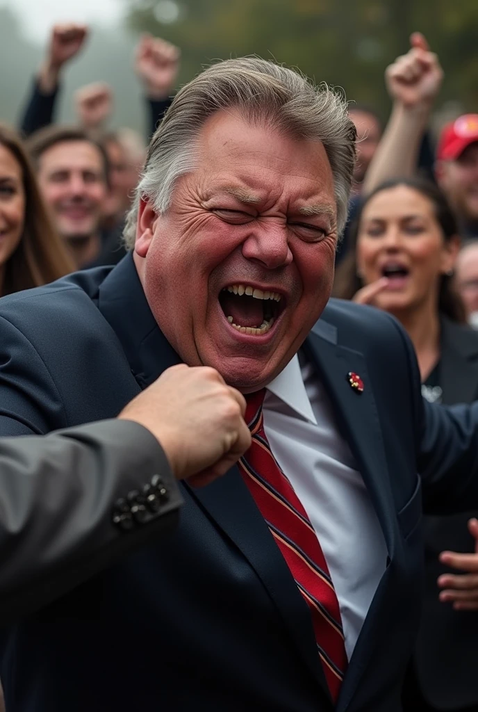 Doug Ford being punched in the face while a crowd cheers in the background. We see the fist connect with Doug Ford's jaw. We see his face being contorted by the fist. We see teeth flying out of his mouth from being punched.