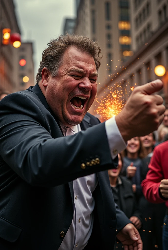 Doug Ford being punched in the face while a crowd cheers in the background. We see the fist connect with Doug Ford's jaw. We see his face being contorted by the fist. We see teeth flying out of his mouth from being punched.
