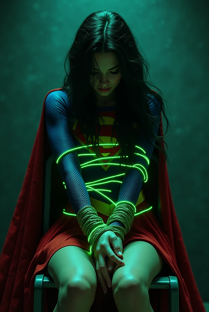 A PERIL BONDAGE SCENE WHERE A HOT SUPERGIRL WITH LONG BLACK HAIR WEARING HER ICONIC SUPERGIRL OUTFIT AND CAPE, HER HANDS, FEET AND WASTE TIED UP WITH LOTS OF GLOWING GREEN KRYPTONITE ROPE WHILE SITTING IN A METAL CHAIR, COMPLETELY HELPLESS IN A PITCH BLACK ROOM. INCREDIBLE DETAILS, HYPER DETAILED IN 8K RESOLUTION