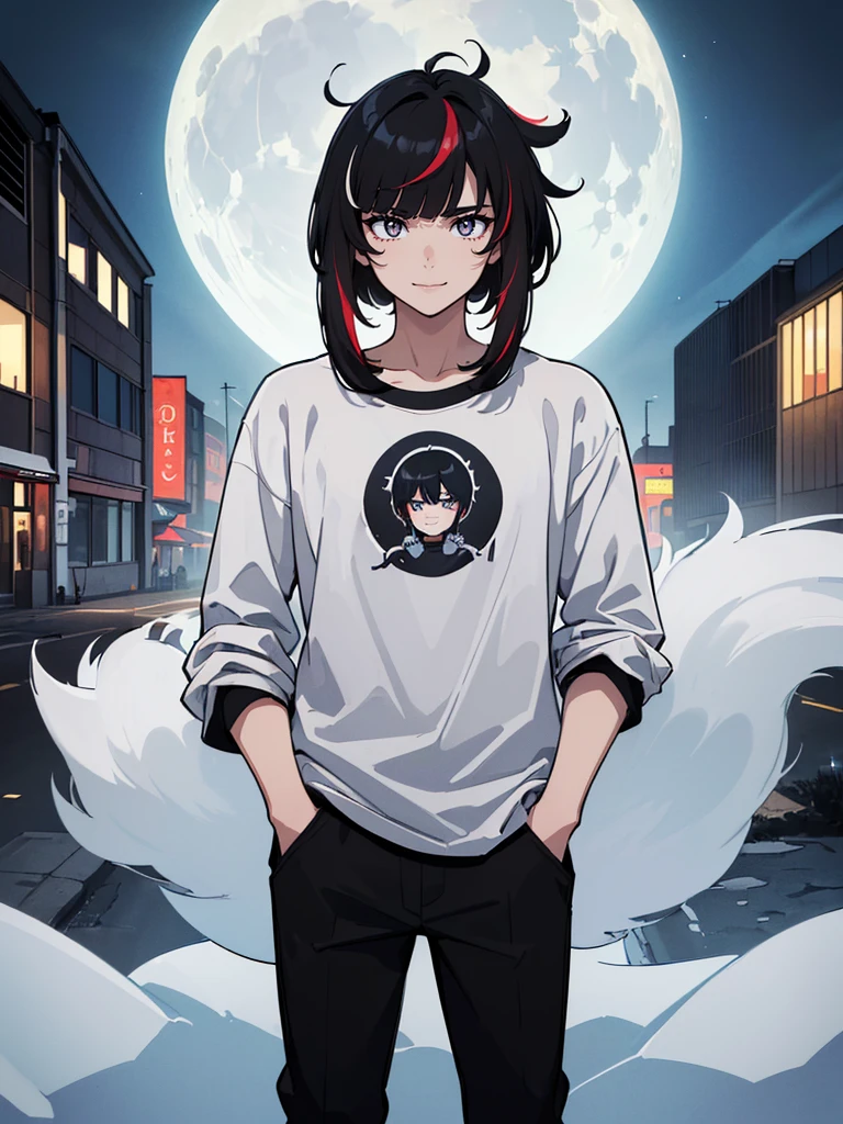 ((highest quallity, work of art, 4K, finely detailled, detailedeyes, face detailed, gelbooru, pixiv)), warm lighting, ((standing alone)), 1 men, bonitas, masculine, adult man, broadshouldered, close do rosto, ((black hair with white streak in the bangs), portraite, seducing smile. looking ahead at viewer, ((lazy eyes, half covered, white eyes with white pupils)), wearing modern clothes, a black t-shirt with a moon design, black zaquets, standing, hands in pockets, ((black hair with white streak in the bangs, shorth hair, shaggy hairstyle, Messy hair)), city background