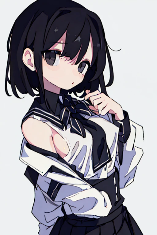 (score_9,score_8_up,score_7_up,score_6_up,score_5_up,score_4_up), simple background, ribbon, school uniform, (best quality, masterpiece, raw photo, ultra detailed:1.2), 1 girl, alone, looking at viewer, pale skin, black hair, black sclera, white eyes, neutral expression, sensual clothing, nipples showing through shirt, lace underwear 