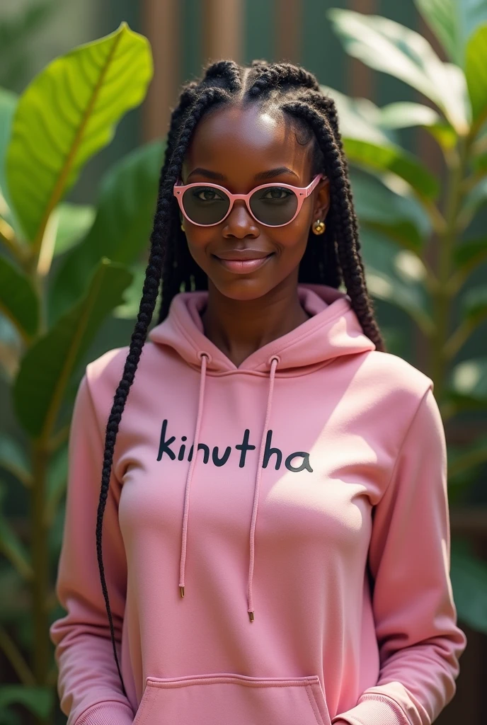(photorealism:1.2), beautiful black African woman,22 years,baby face,sharp boobs, smiling,wearing a fitting pink hoodie written "KINUTHIA",long braids, black oversized photo chromatic glasses with grey lenses, standing , realistic intricate details,plants in background.Cardi B inspiration