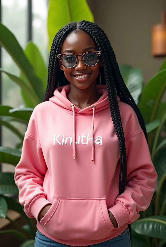 (photorealism:1.2), beautiful black African woman,22 years,baby face,sharp boobs, smiling,wearing a fitting pink hoodie written "KINUTHIA",long braids, black  oversized photo chromatic glasses with grey lenses, standing , realistic intricate details,plants in background.Cardi B inspiration 