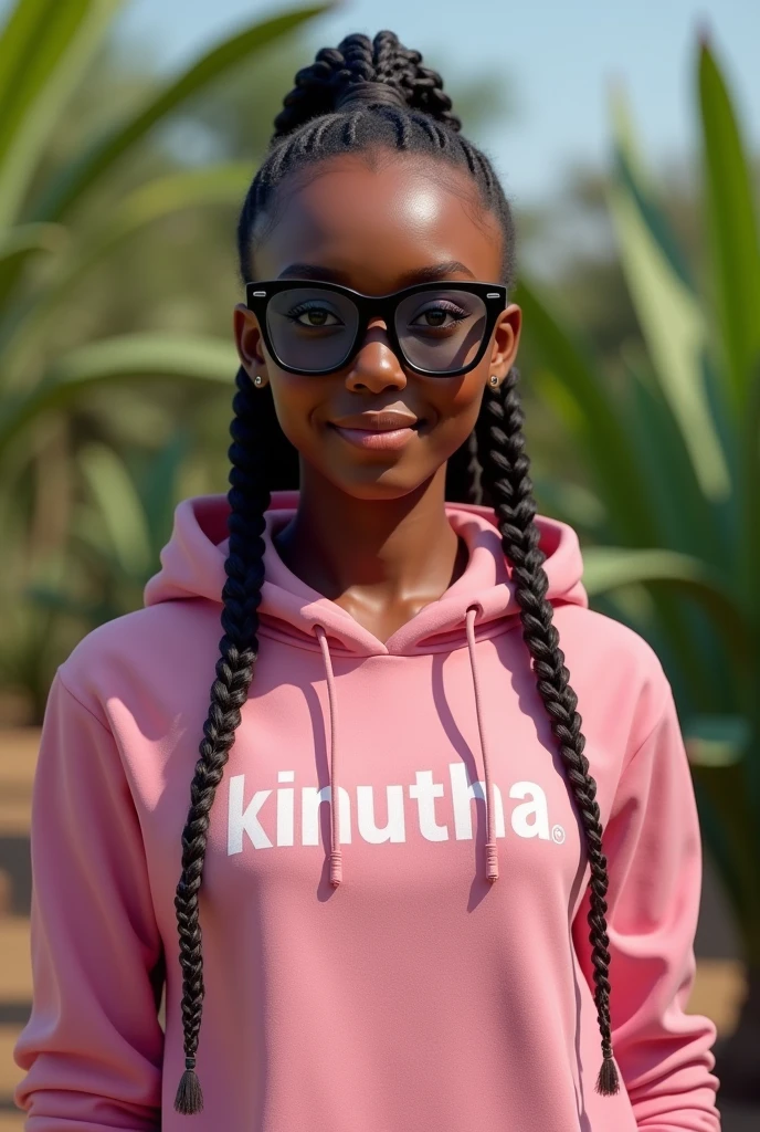 (photorealism:1.2), beautiful black African woman,22 years,baby face,sharp boobs, smiling,wearing a fitting pink hoodie written "KINUTHIA",long braids, black oversized photo chromatic glasses with grey lenses, standing , realistic intricate details,plants in background.Cardi B inspiration
