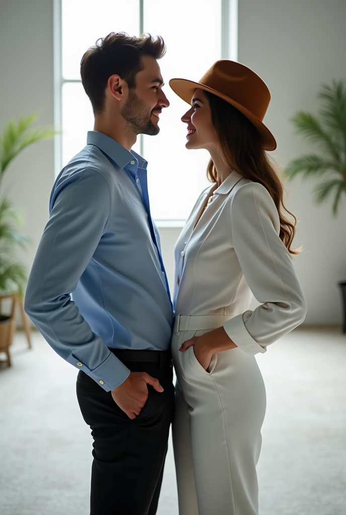 20 years old a handsome guy wore blue dress shirt and deep black hammer pants and his girlfriend wore white plain Co-ord Set and a cute brown hat front photo 
