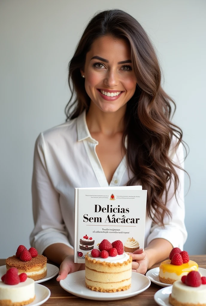 Create a book cover with the name (sugar free delights) The name must be in Portuguese and on the cover there must be a woman presenting cakes and desserts that do not contain sugar.