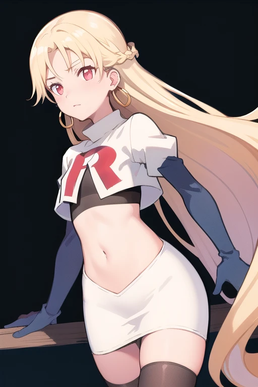 best quality, (masterpiece:1.2), illustration, absurdres,
(1girl, solo), (beautiful detailed girl), (cowboy shot),,
Roselia Millstein, blond hair, very long hair, red eyes, flat chest,
earrings, team rocket,team rocket uniform,white skirt,red letter R,crop top,black thigh-highs,black elbow gloves,
