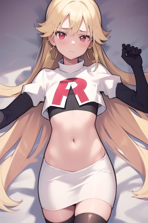 best quality, (masterpiece:1.2), illustration, absurdres,
(1girl, solo), (beautiful detailed girl), (cowboy shot),,
Roselia Millstein, blond hair, very long hair, red eyes, flat chest,
earrings, team rocket,team rocket uniform,white skirt,red letter R,crop top,black thigh-highs,black elbow gloves,
