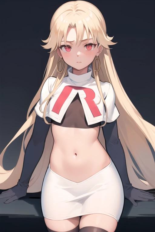 best quality, (masterpiece:1.2), illustration, absurdres,
(1girl, solo), (beautiful detailed girl), (cowboy shot),,
Roselia Millstein, blond hair, very long hair, red eyes, flat chest,
earrings, team rocket,team rocket uniform,white skirt,red letter R,crop top,black thigh-highs,black elbow gloves,