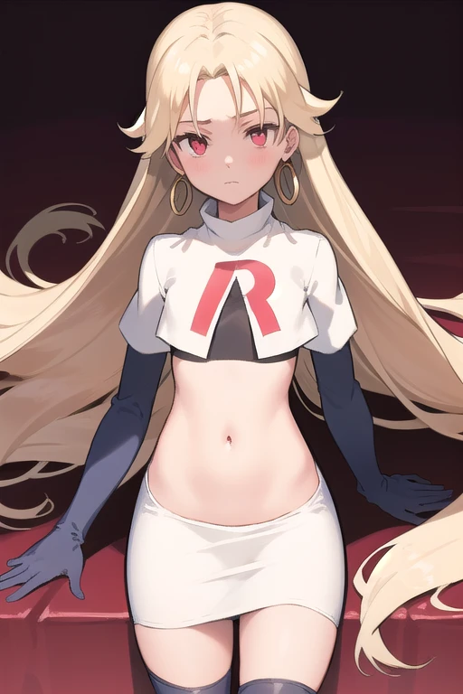 best quality, (masterpiece:1.2), illustration, absurdres,
(1girl, solo), (beautiful detailed girl), (cowboy shot),,
Roselia Millstein, blond hair, very long hair, red eyes, flat chest,
earrings, team rocket,team rocket uniform,white skirt,red letter R,crop top,black thigh-highs,black elbow gloves,