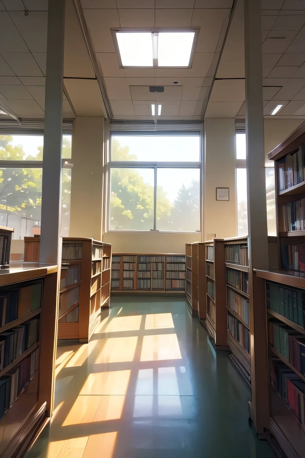 empty school library, books around and a window in the background, no people