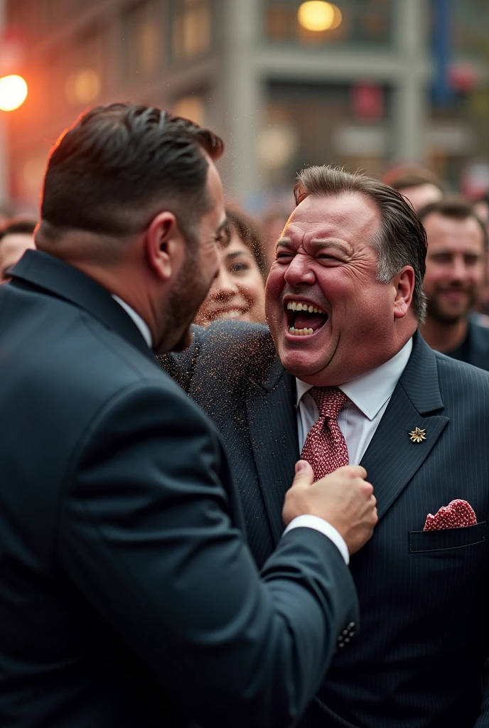 Doug Ford being punched in the face while a crowd cheers in the background. We see the fist connect with Doug Ford's jaw. We see his face being contorted by the fist. We see teeth flying out of his mouth from being punched.
