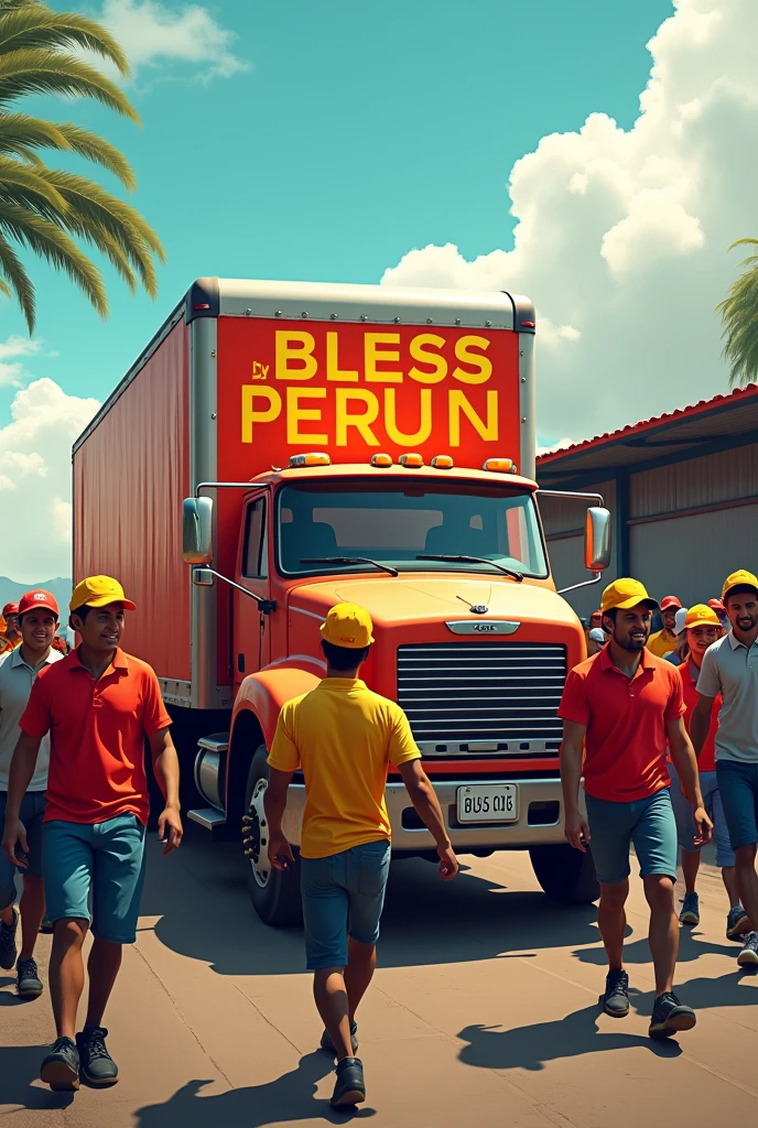 Truck saying BLESSPERU in yellow and red colors and with many workers carrying polo shirts to the truck