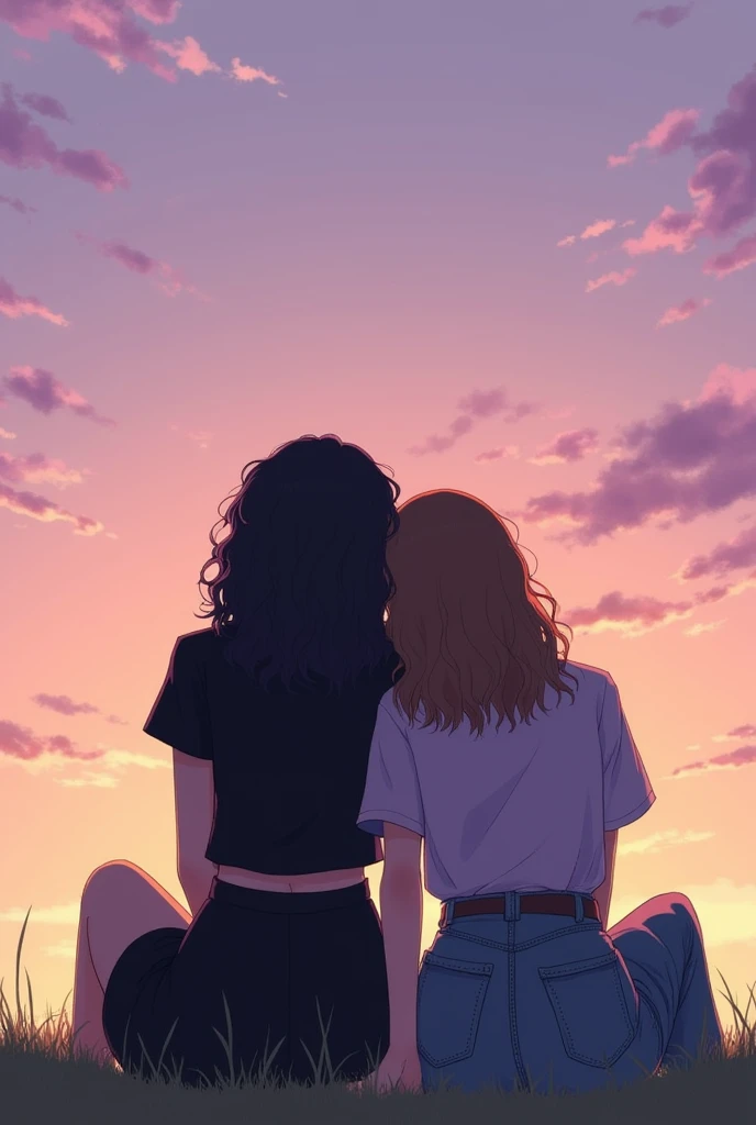 Two girls,sitting side by side with their backs to each other ,one has her head lying on the other&#39;s shoulder, one of the girls has long curly hair, wears a black blouse with a short black flared skirt and is black,while the other is white with very long brown hair and is wearing a lilac blouse with wide jeans, They are standing with their backs turned looking at the sky at dusk which has a gradient from pink to orange and yellow with clouds that appear to be purple.,and they are sitting on the grass