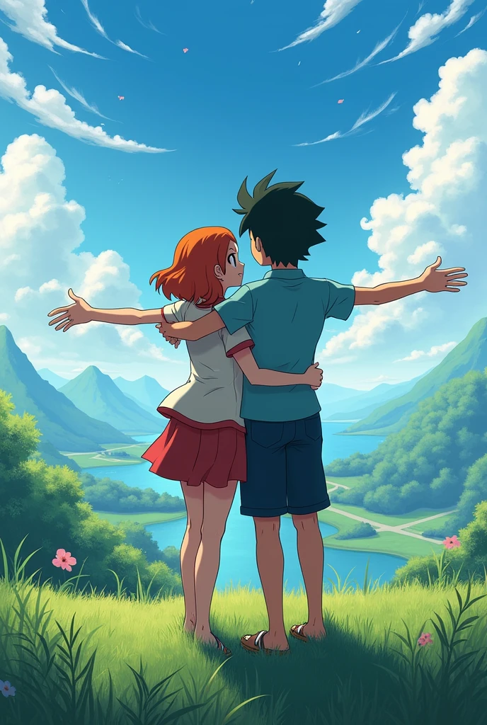 Make Ash and Misty from Pokemon doing the Titanic scene.
Make misty with her short hair . Make z misty open her arms enjoying the view while Ash hugs her from behind