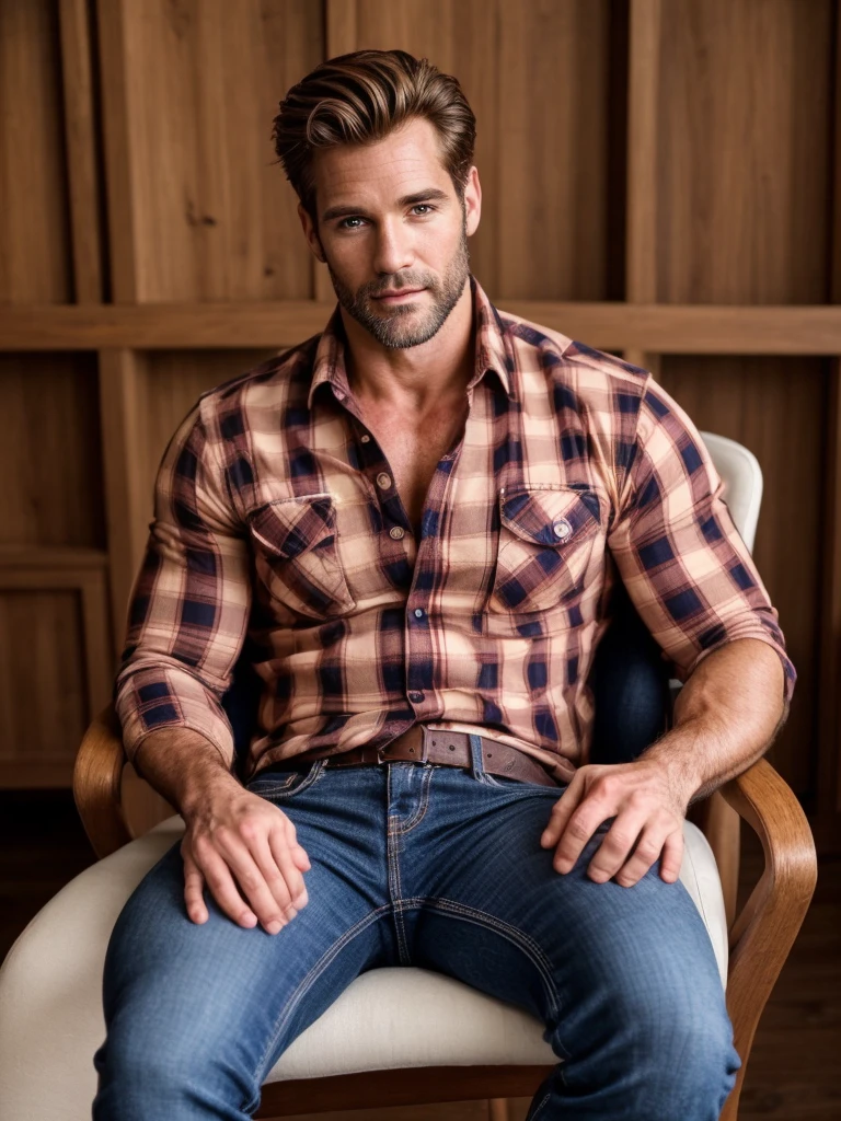 hair, portrait of a ruggedly handsome paladin, muscular, half body, masculine, mature, Retrato de un joven, Muscular very handsome and attractive spanis men, A 40 years old male, Retrato de un joven, Muscular, real, office outfit, sit in a chair, plaid shirt