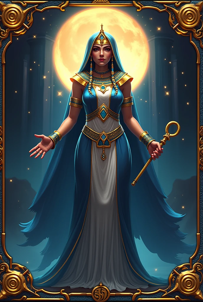 Title: "Isis, the Goddess of Magic" – Place this at the top of the letter in a stylized font that evokes Egyptian mythology, SOM "papyrus" or a hieroglyphic font.

Central Art:

Escolha uma imagem que represente Isis de maneira majestosa e mágica. She may be wearing her traditional crown (a throne), holding an ankh (symbol of life) and a scepter, surrounded by a luminous aura that represents her magical power.
Skill Text:

Description: "Isis, the goddess of magic, can heal any ally or resurrect a defeated ally with 1000 health points when summoned."
Place this description in a text box below the main image., in a font that is clear and easy to read.
Attack and Defense Points:

might: 2800 Defense: 3200 These values should be displayed at the bottom of the letter, clearly indicated with icons or symbols representing power and defense.
Design e Cores:

Use a color palette that includes gold, deep blue and black to give an air of royalty and mystery, características associadas a Isis.
Add embellishments and details around the edge of the card that evoke hieroglyphics and other ancient Egyptian symbols..