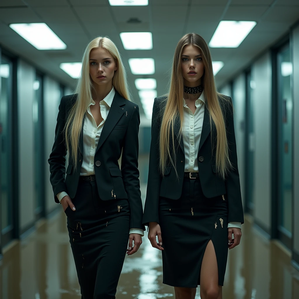 A dramatic photograph taken in an office setting features two different slender business ladies, each with a model appearance, blonde and brunette stand in flirty poses on the muddy floor. Their very long, straight hair is disheveled, stained in liquid mud, cascades over their shoulders as they look directly at the viewer. They are dressed in dark elegant business skirt suits made from cotton and wool fabric, including very long business pencil skirts, torn and ripped jackets, vests, torn white button-up shirts. The jackets, vests, and skirts are soiled with a thick, white and transparent, viscous liquid that drips down their clothing, creating a striking contrast against the cotton fabric. The liquid covers their clothing, leaving visible stains and streaks. They wear black chokers around their necks, adding to the eerie and unsettling atmosphere. Their smear dirt on own clothes. The background shows a typical office environment with rows of fluorescent lights arranged in a grid pattern on the ceiling, casting a cool, dim light throughout the scene. The lighting is artificial and evenly distributed, highlighting the subjects' faces and upper bodies while creating soft shadows. The overall mood is dark, intense, and eerie, emphasized by the low-key lighting and the contrast between the clean, organized office space and the disheveled appearance of the women. The cool color palette and high contrast between the subjects and their surroundings contribute to the dramatic atmosphere, creating a sense of tension and foreboding in this surreal, otherworldly setting.