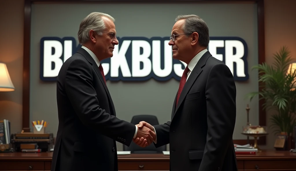 REED HASTINGS SHAKING HAND WITH BLOCKBUSTER OWNER WRITTEN BLOCKBUSTER X NETFLIX