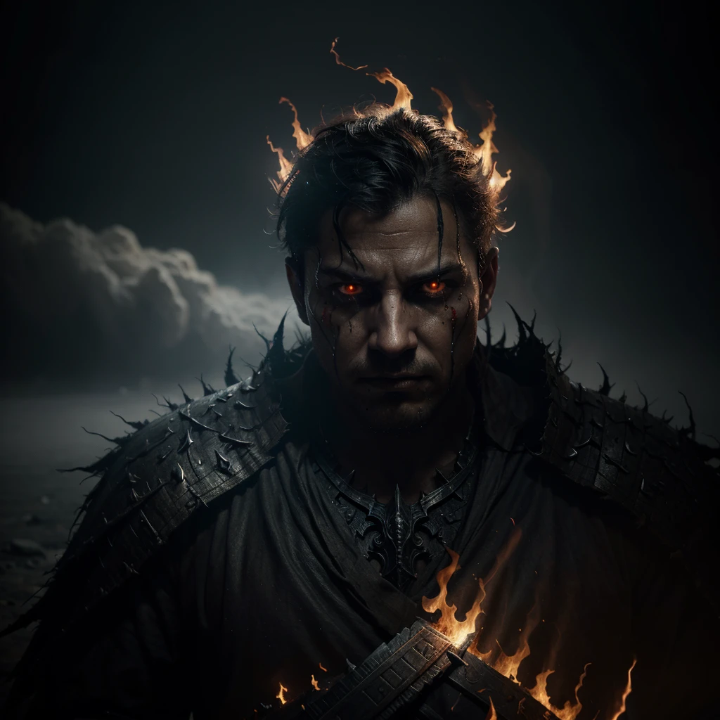 a man with nightmare flames of terror, heroic battle, dark fantasy, highly detailed, cinematic lighting, dramatic poses, intricate details, hyperrealistic, muted color palette, volumetric fog, chiaroscuro, digital painting, concept art