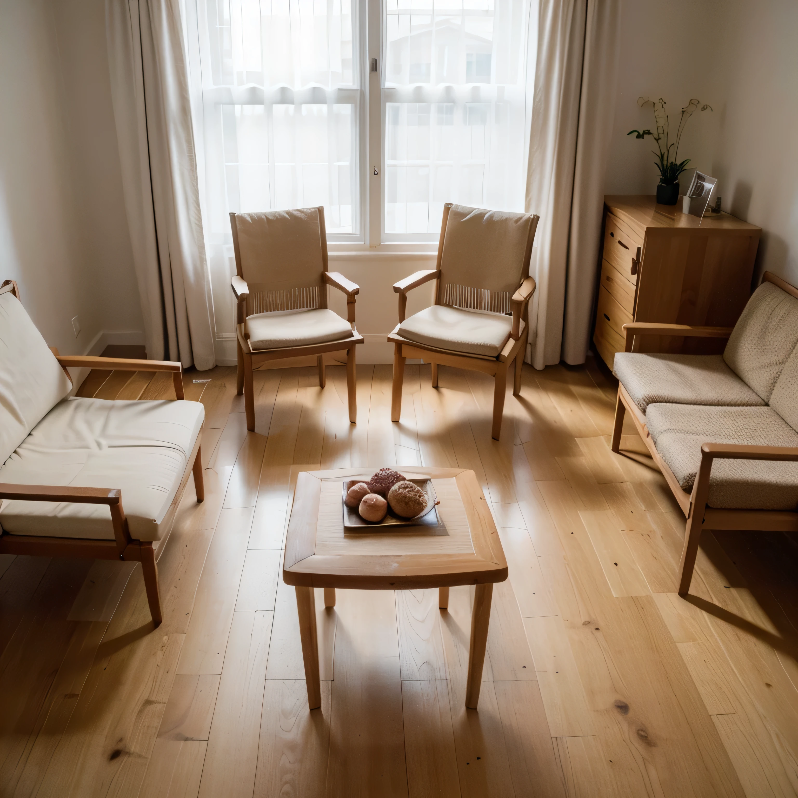 White translucent curtains,There are two wooden chairs in front of the French window facing the camera.,Wooden chair,A beige square cushion is placed on the chair,Natural light and shadow,Top view,High-end,Warm Japanese interior environment,Clean and tidy scene,Wood colored floor,Big scene