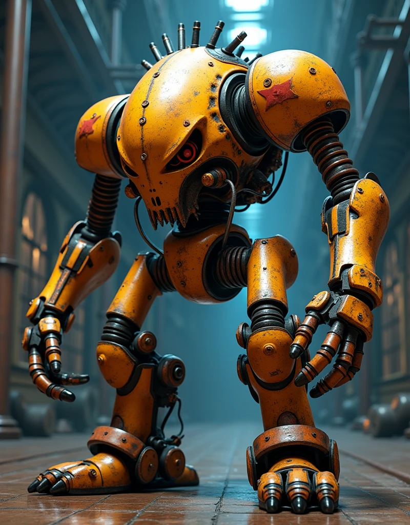 a 3D animation inspired by Pixar's coloration, A steampunk combat robot made of cast iron and copper pipes and cable wires, composed of large skull shaped head that has two arms, two legs. Predominantly gold with some red accents, it look fierce and in a combat stance, the robot is gigantic and located in a spacious Victorian warehouse with dark blue interior, close-up view