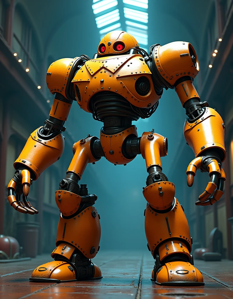 a 3D animation inspired by Pixar's coloration, A steampunk combat robot made of cast iron and copper pipes and cable wires, composed of large skull shaped head that has two arms, two legs. Predominantly gold with some red accents, it look fierce and in a combat stance, the robot is gigantic and located in a spacious Victorian warehouse with dark blue interior, close-up view
