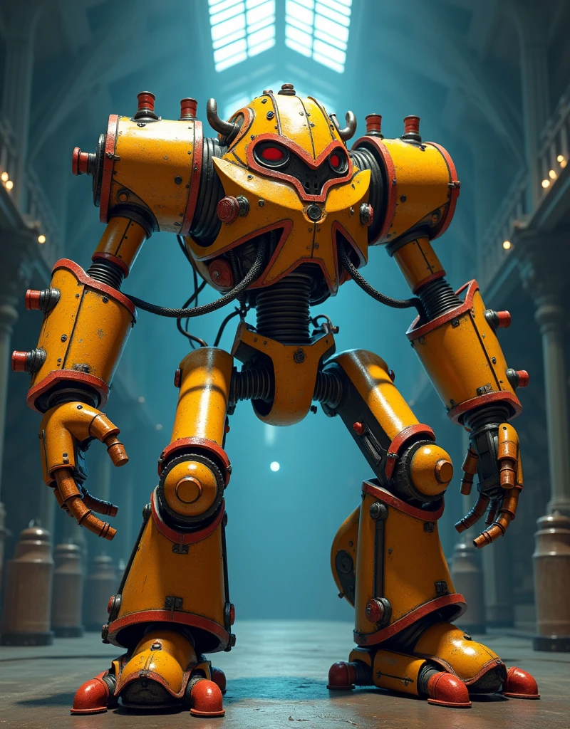 a 3D animation inspired by Pixar's coloration, A steampunk combat robot made of cast iron and copper pipes and cable wires, composed of large skull shaped head that has two arms, two legs. Predominantly gold with some red accents, it look fierce and in a combat stance, the robot is gigantic and located in a spacious Victorian warehouse with dark blue interior, close-up view