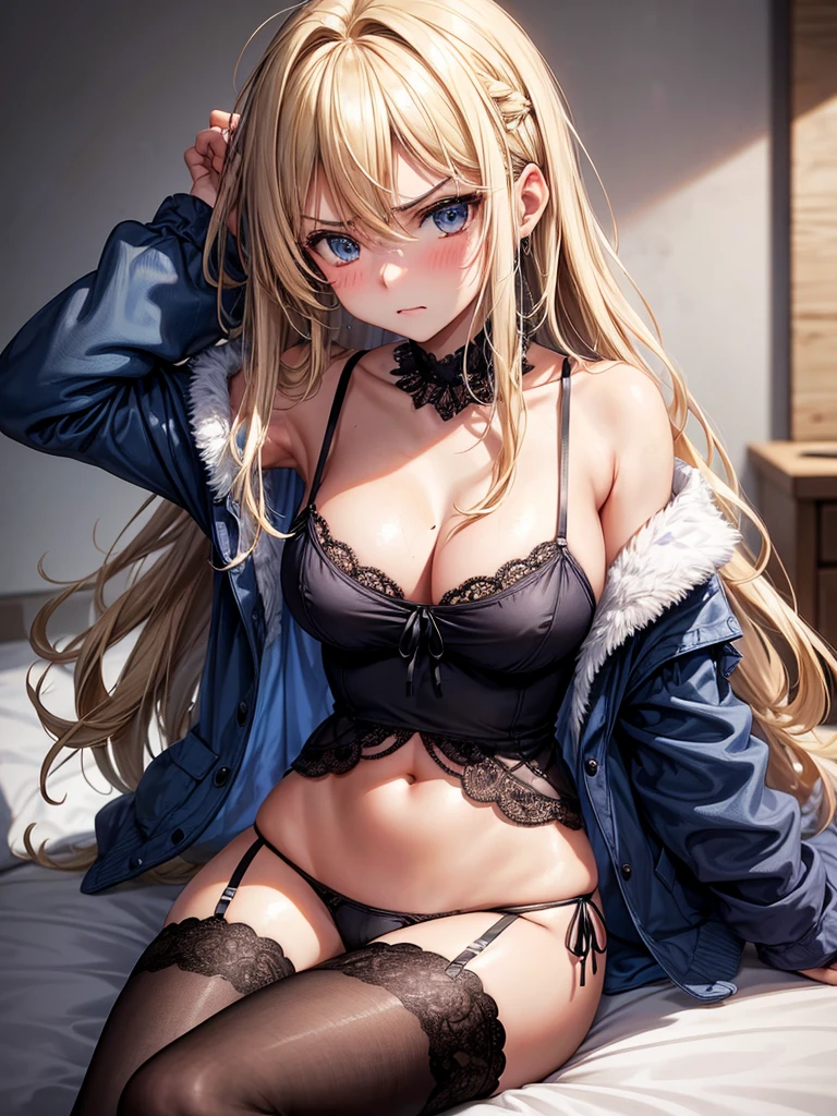 Make a  girl, messy blonde hair, slightly angry with blush, medium breasted, wearing a big blue pajama, opening it slightly, under black sexy lingerie and black stockings