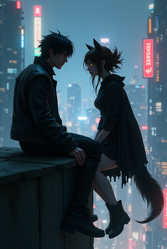 Man with messy black hair down to his shoulders , black rock pants and a leather jacket. 
WOMAN with unruly brown hair and a simple knee-length dress,  and black cape, she with yellow eyes and a wolf tail.
They are sitting on the edge of a building talking,  looking at the night city 