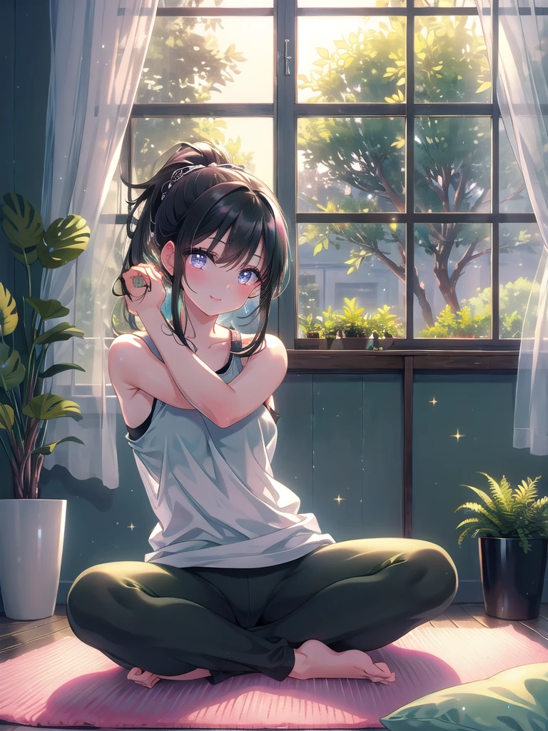 ((8k, Highest quality, masterpiece: 1.3)),Ultra-high resolution,(1 girl, alone), (Color changing eyes, Ultra-detailed, Expressive brilliance, Glitter, Glowing Eyes), Highly detailed eyes, Highly detailed face, Random Hair, ((pastel colour))A young girl with long, black hair tied back in a neat ponytail is practicing yoga in her bedroom. She’s wearing a fitted tank top and yoga pants, her expression calm and focused as she moves into a pose. Her eyes are closed, and her lips are slightly parted in a relaxed, peaceful smile, but she occasionally opens her eyes to glance at the camera with a serene, confident look. The bedroom is softly lit, with a yoga mat spread out on the floor and a few plants adding a touch of greenery. The window is open, letting in a gentle breeze that rustles the curtains, adding to the tranquil atmosphere.
