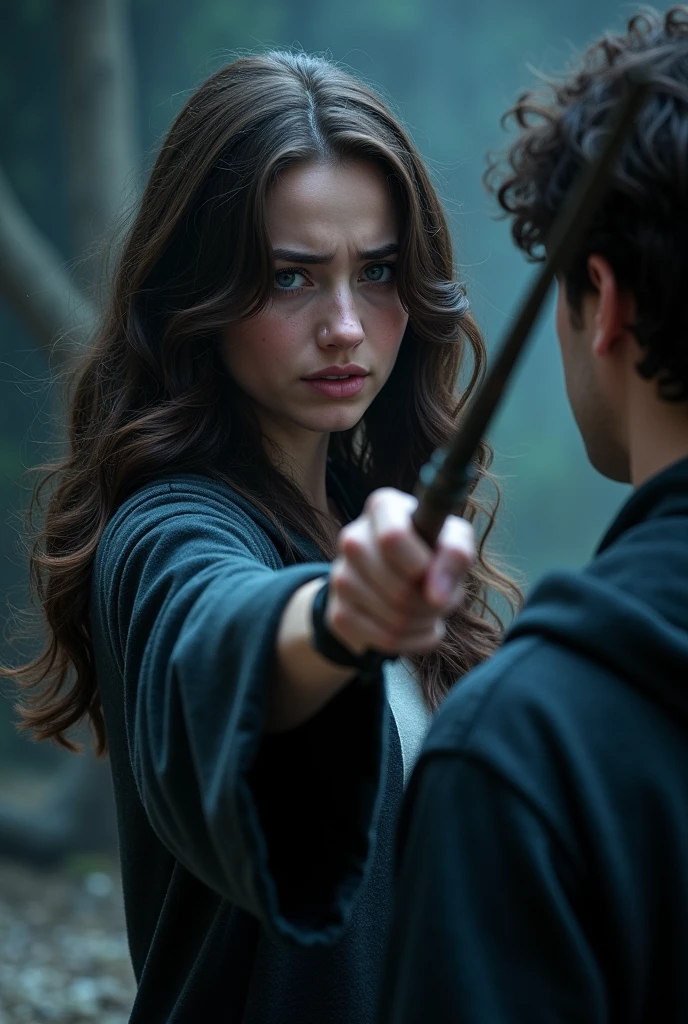A woman with wavy dark brown hair and blue eyes pointing her wand at a man from behind, she was crying.