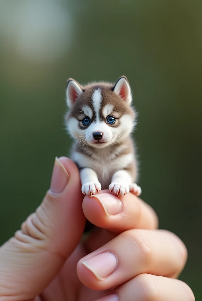 photorealistic, 8k, 34k, highly detailed, hyper realistic, detailed, incredibly detailed, micro baby husky, baby husky puppy, husky puppy, perched on human finger, human hand, human finger, photorealistic lighting, photorealistic fur, photorealistic texture, natural lighting, studio lighting, cinematic lighting, masterpiece