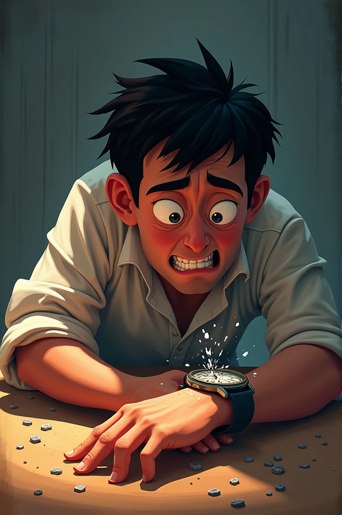 animation image of a person breaking their watch due to a collapse