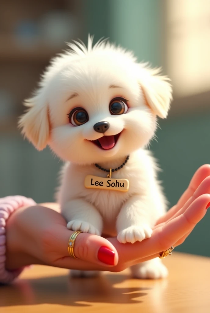 Create an image in the form of an animation, of a white puppy dog with slanted eyes, with a bone necklace with Lee Sohu&#39;s name on it, the little dog lying on one hand with red painted nails and a gold ring on the index finger and one on the ring finger